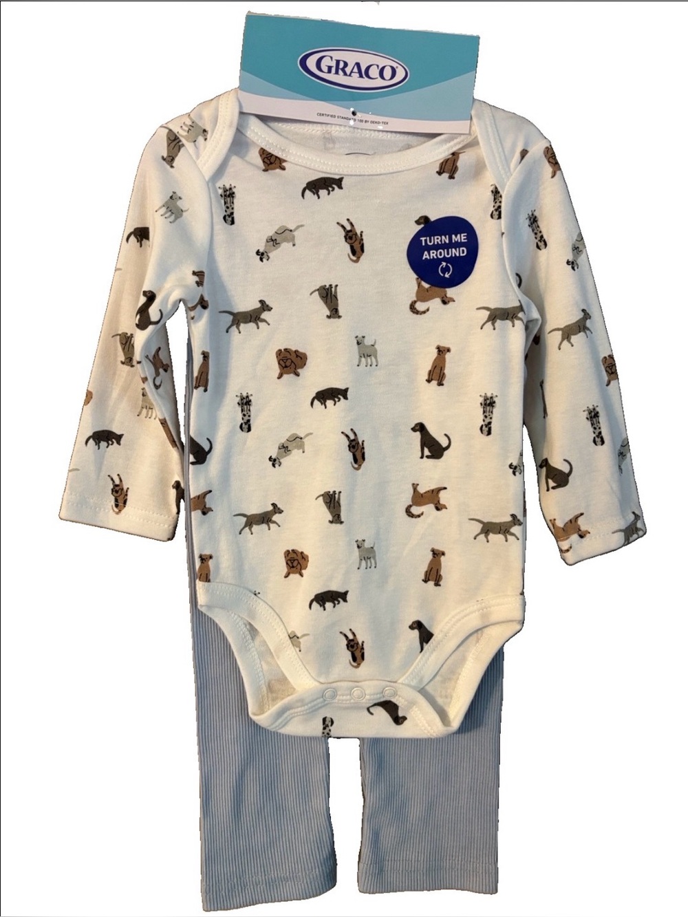 Graco 3-Piece Set Long-Sleeve Puppy Print Onesie w/ Blue Pants & Hat 9-12M NWT